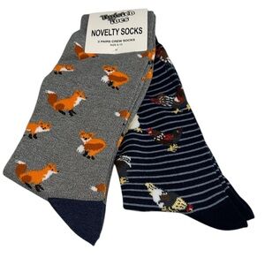 Twisted Toes Crew Socks Mens 8-13 NEW 2 Pair Fox Chickens Rooster Novelty Socks
